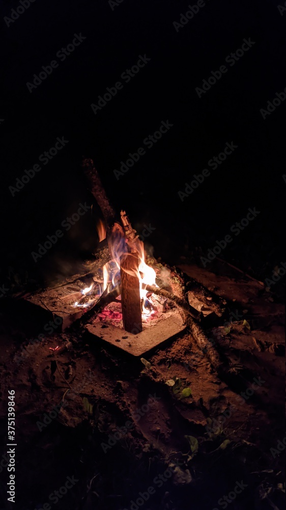 Заголовок: Camp fire in the night. Bonfire. Flame and fire sparks on dark background. Black copy space.