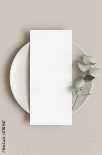 Menu card mockup with a eucalyptus branch on a plate, 4x9 ratio.