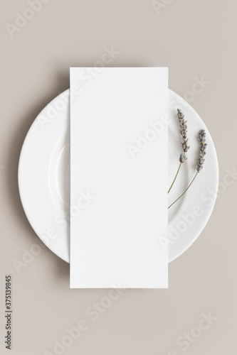 Menu card mockup with a lavender on a plate, 4x9 ratio. photo