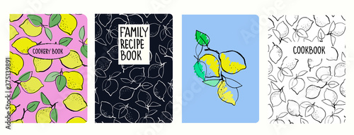 Cover page vector templates for recipe books based on seamless patterns with hand drawn lemons. Cookery books cover layout. Healthy fruit, vegan food concept