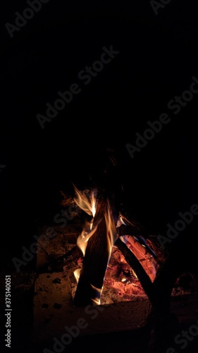 Заголовок: Camp fire in the night. Bonfire. Flame and fire sparks on dark background. Black copy space.