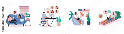 People Working at Home. Man and Woman using Smartphones, Tablets and Laptops. They Chatting, Talking by Video Call with Colleagues and Family. Characters Set. Flat Cartoon Vector Illustration.