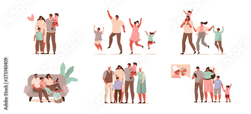 Happy Family Jumping, Dancing, Watching TV  and Having Fun. Mother Father and Kinds Meeting Grandparents and Spending Time Together.  Characters Set. Flat Cartoon Vector Illustration. 