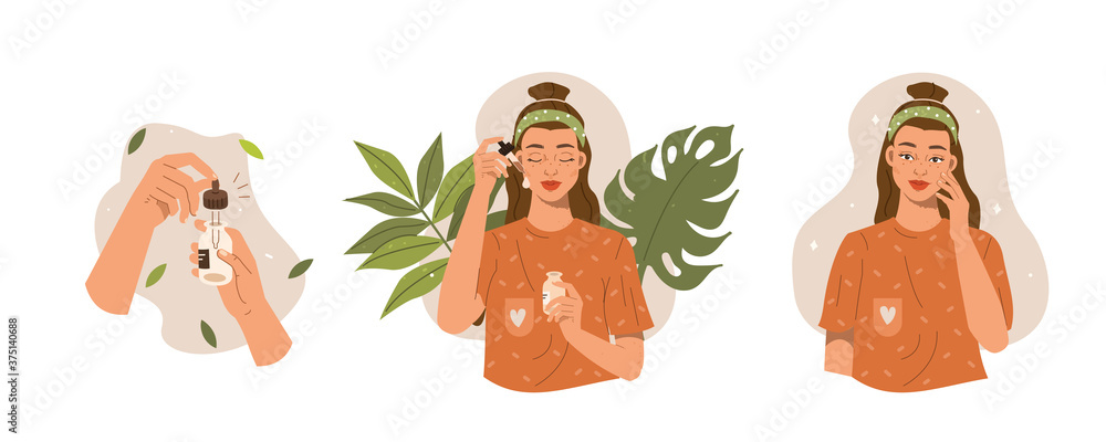 Fototapeta premium Beauty Girl Take Care of her Face and Applying Cosmetic Serum Oil. Woman Making Facial Massage by Lines. Skin Care Routine, Hygiene and Moisturizing Concept. Flat Vector Illustration and Icons set.