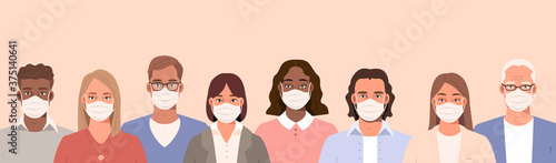 People Characters wearing Facial Medical Masks for Protection and to Prevent Virus Spreading. Men and Women Protecting from Epidemic. Pandemic Concept. Flat Cartoon Vector Illustration.