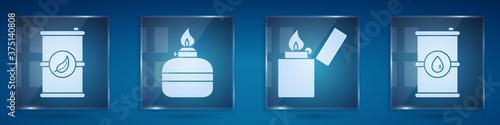 Set Bio fuel barrel, Alcohol or spirit burner, Lighter and Barrel oil. Square glass panels. Vector.