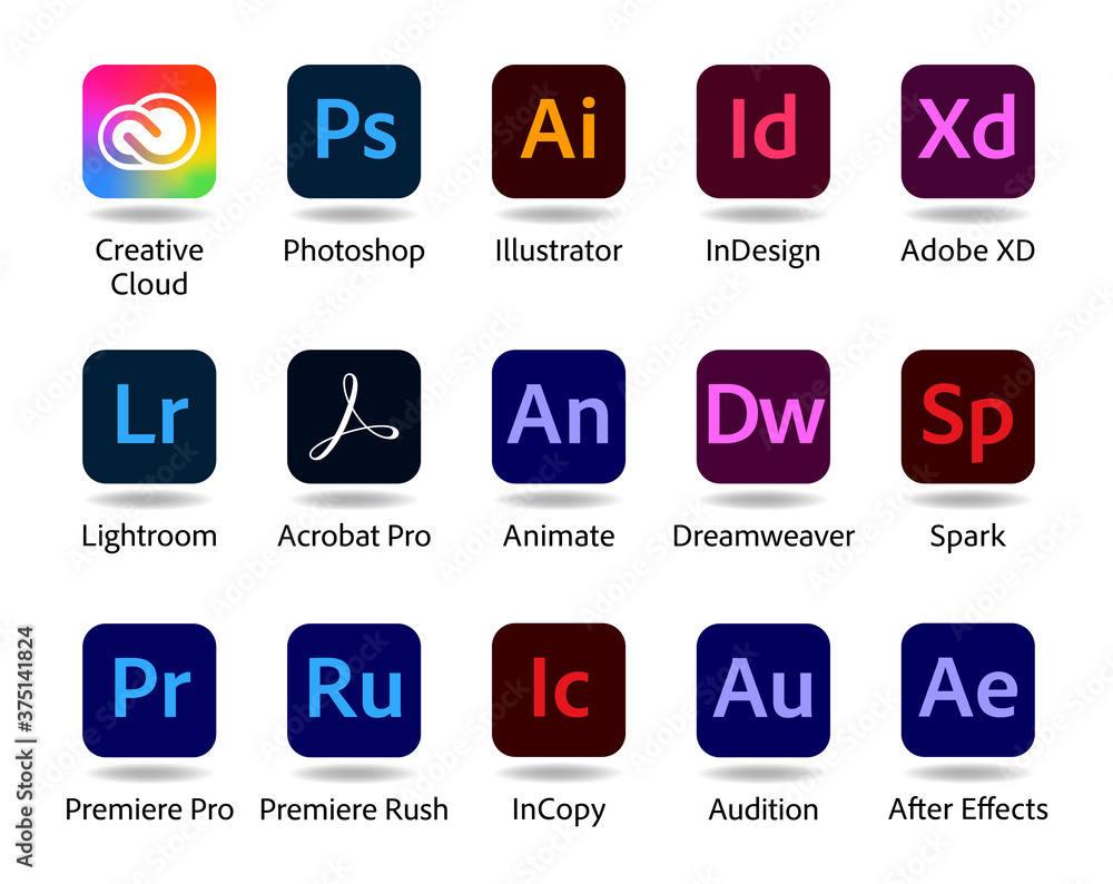 Set of popular Adobe apps icons: Creative Cloud, Photoshop, Illustrator,  InDesign, Adobe XD and others Stock Vector | Adobe Stock