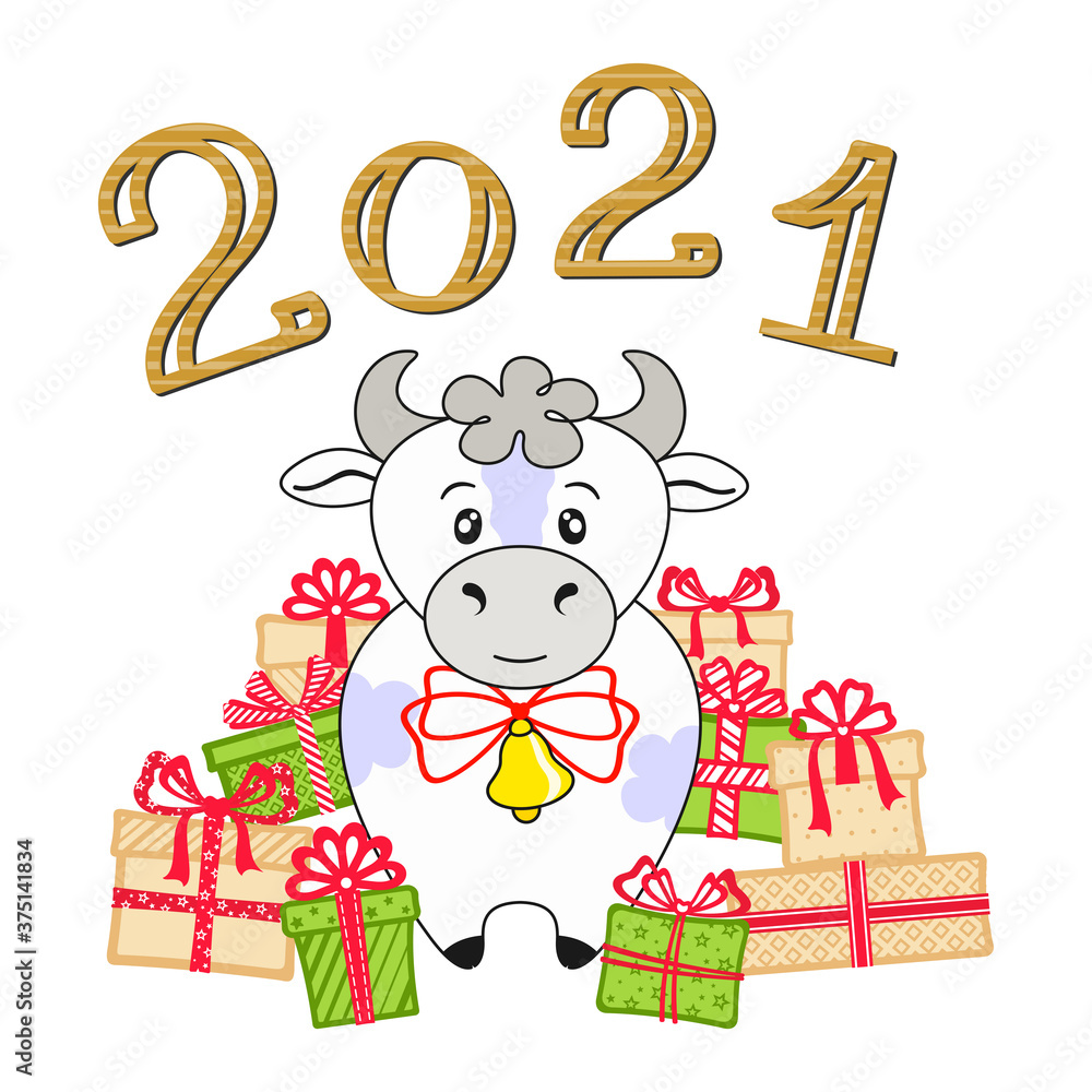 White spotted bull with a bell among the gift boxes and lettering 2021 on a white. New Year 2021 of the ox, bull, cow. Vector design template for Christmas and New Year banner, poster and calendar 