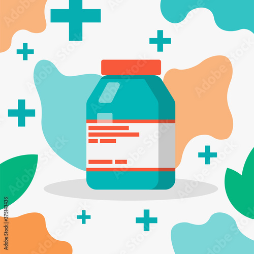 Medical bottle with elixir or pills for pharmacy or hospital. Painkiller for drugstore. Eps 10 vector