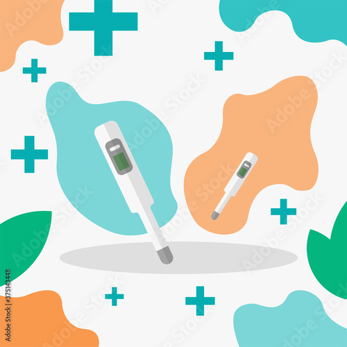 Medical thermometer flat vector illustration template for medicine or pharmacy on liquid fluid background. Eps 10 vector
