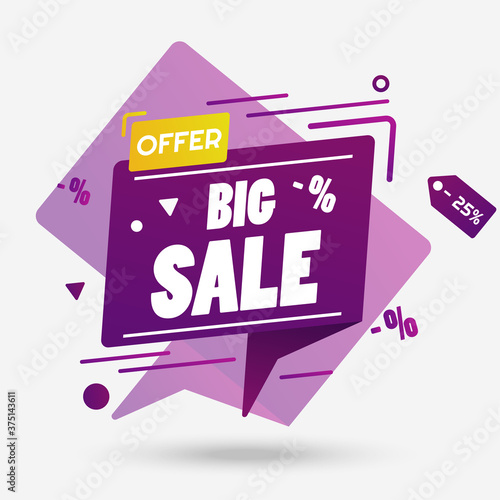Big sale violet banner vector layout for store, shop or market. Discount, motion and 3d effect. Eps 10 vector