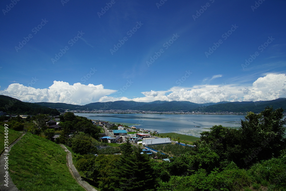 Amazing landscape of lake with the city and Perfect blue sky. Panoramic view of beautiful landscape in Japan