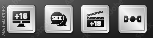 Set Monitor with 18 plus content, Speech bubble with Sex, Movie clapper with 18 plus content and Silicone ball gag with belt icon. Silver square button. Vector.