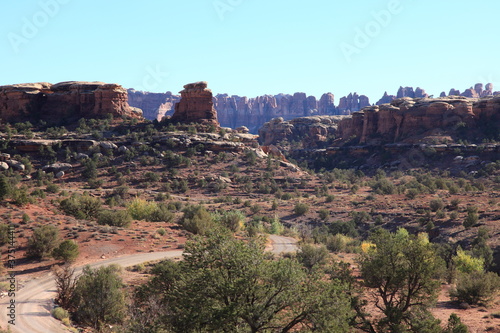 View of The Needles with Rock formations in the Needles District of Canyonlands National Park, Utah, USA
