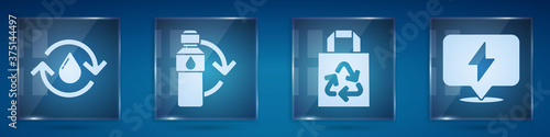 Set Recycle clean aqua, Recycling plastic bottle, Paper bag with recycle and Lightning bolt. Square glass panels. Vector.