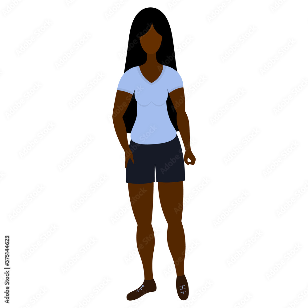 African American lady posing. The sportswear model leads a healthy lifestyle. Flat style. Vector illustration. Isolated white background. Woman with long hair. Girl in a T-shirt, shorts and sneakers. African American lady posing. The sportswear model leads a healthy lifestyle. Flat style. Vector illustration. Isolated white background. Woman with long hair. Girl in a T-shirt, shorts and sneakers.