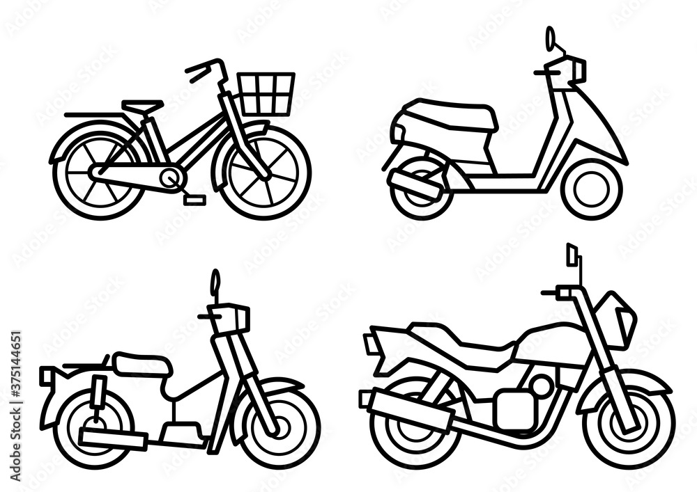 バイク(オートバイ)と自転車のアイコンセット(線画のみ)