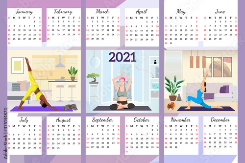 2021 calendar three women doing yoga at home. Flat illustrations.