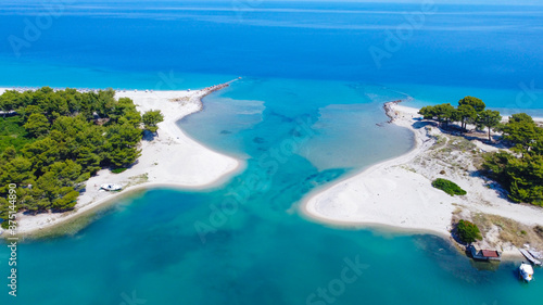 Exotic two sand beaches and blue sea between them. Aerial view 