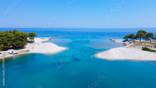 Exotic two sand beaches and blue sea between them. Aerial view 