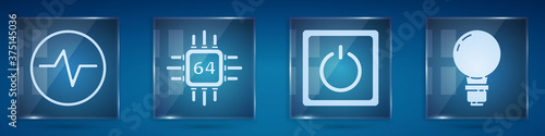 Set Electric circuit scheme, Processor with microcircuits CPU, Electric light switch and Light bulb with concept of idea. Square glass panels. Vector.