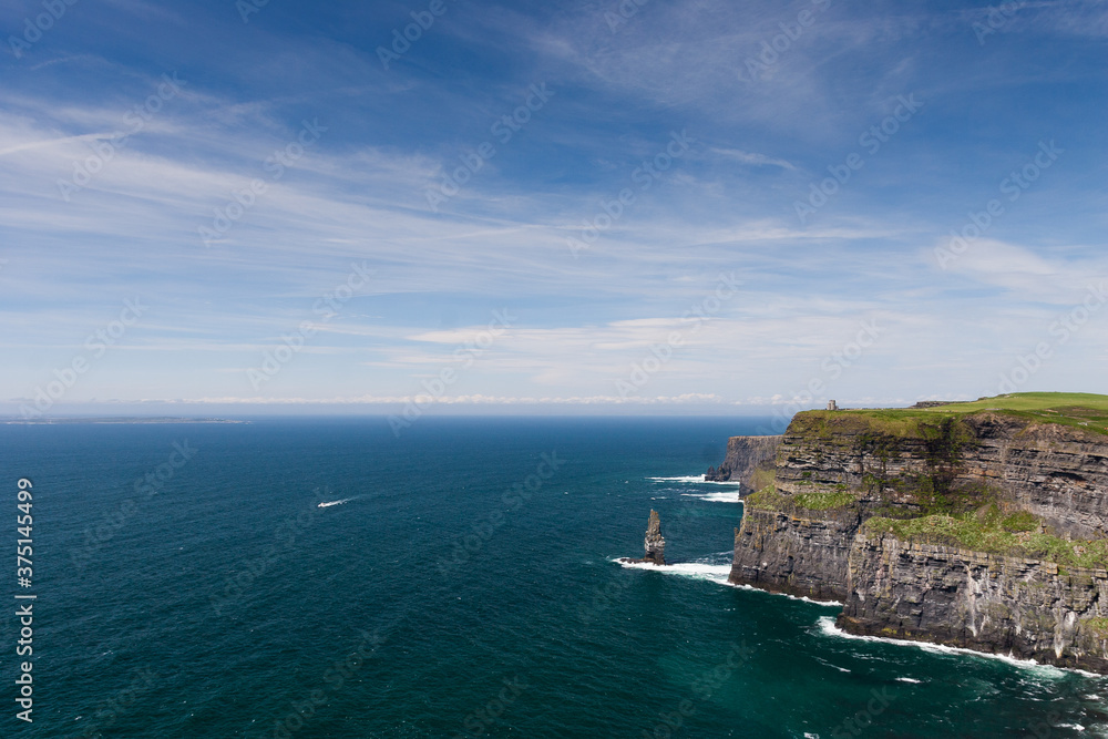 Photo capture of a breathtaking natural nature landscape. Cliffs of moher with O'brien's tower and Aran Islands, wild atlantic way. Ireland. Europe