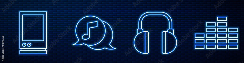 Set line Headphones, Voice assistant, Musical note in speech bubble, Music equalizer and Fast forward. Glowing neon icon on brick wall. Vector. - obrazy, fototapety, plakaty 