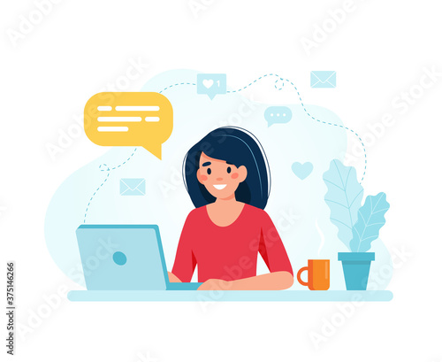 Online marketing specialist. Female character working with laptop. illustration in flat style