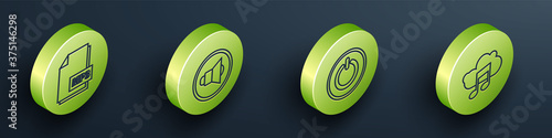 Set Isometric MP3 file document, Speaker volume, Power button and Music streaming service icon. Vector.
