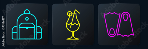 Set line Hiking backpack, Rubber flippers and Cocktail and alcohol drink. Black square button. Vector.