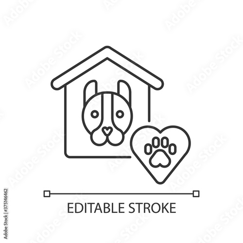 Animal shelter linear icon. Abandoned dog adoption center. Pet welfare, nursery thin line customizable illustration. Contour symbol. Vector isolated outline drawing. Editable stroke