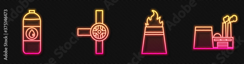 Set line Oil rig with fire, Canister for motor machine oil, Industry pipes and valve and Oil industrial factory building. Glowing neon icon. Vector.