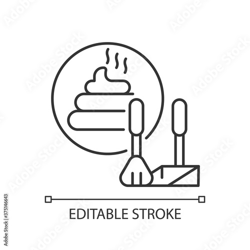Poop scooping linear icon. Professional pet care thin line customizable illustration. Contour symbol. Cleaning after pets. Dog feces and poop scoop vector isolated outline drawing. Editable stroke