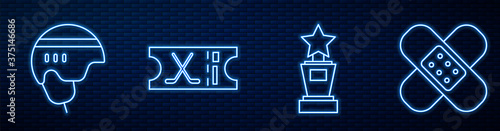 Set line Award cup, Hockey helmet, Hockey sports ticket, Crossed bandage plaster and Hockey over sports winner podium. Glowing neon icon on brick wall. Vector.