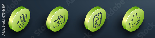 Set Isometric Hockey glove, First aid kit, Air hockey table and Mallet for playing air hockey icon. Vector.