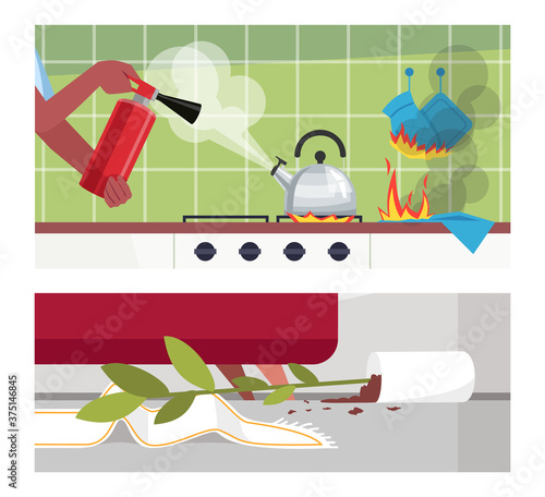 Disastrous home occurrences semi flat vector illustration set. Woman with fire-extinguisher, boiling kettle, burned potholders, fallen flower pot 2D cartoon scenes collection for commercial use