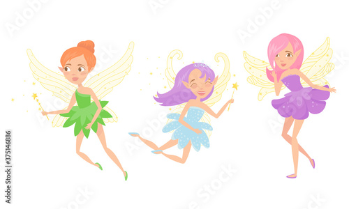 Little Fairy or Pixie with Wings Holding Magic Wand Vector Illustration Set