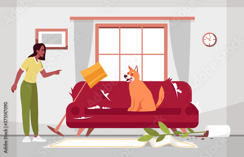 Messy living room and naughty dog semi flat vector illustration. Shabby sofa. Fallen vase with flower, soiled carpet. Mad pet owner. Broken floor lamp 2D cartoon scene for commercial use