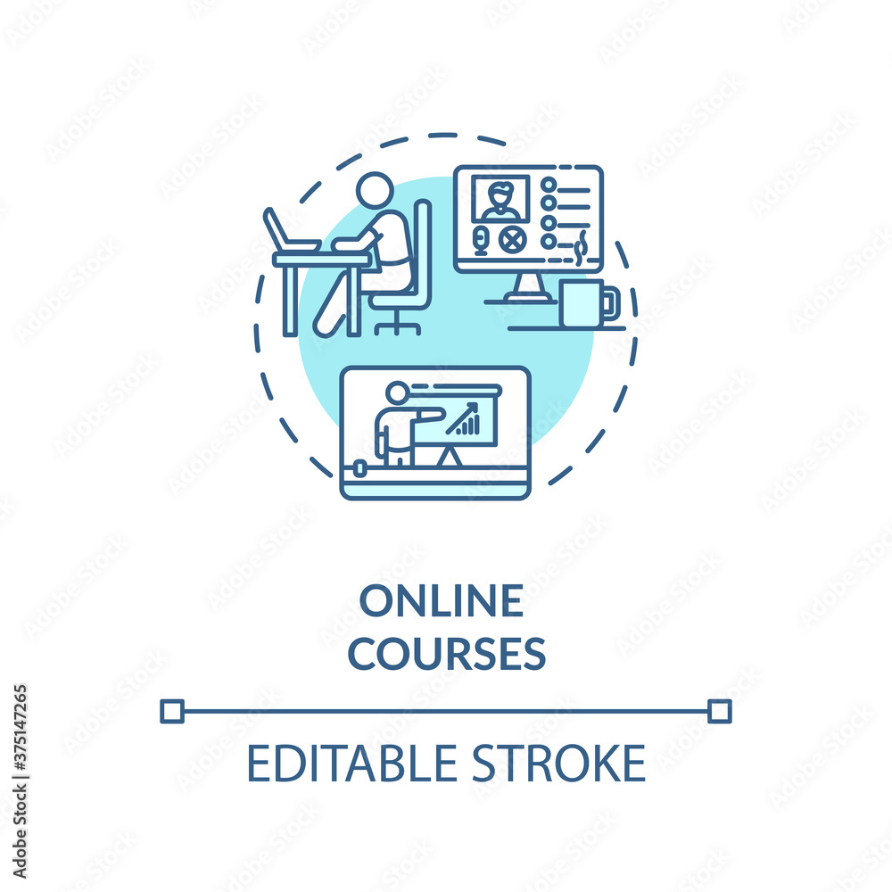Online courses concept icon. Internet business, distance learning idea thin line illustration. Remote education, distance webinars. Vector isolated outline RGB color drawing. Editable stroke Online courses concept icon. Internet business, distance learning idea thin line illustration. Remote education, distance webinars. Vector isolated outline RGB color drawing. Editable stroke