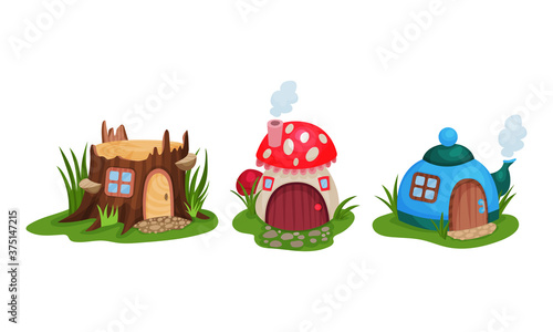 Fairy Garden Houses Rested on Green Lawn Vector Set