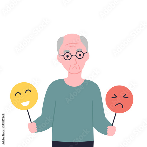 Grandfather holding masks with opposite emotions. Old man mood change, swing. Flat vector cartoon illustration.