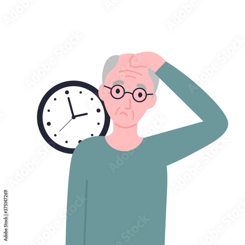 Grandpa confusion with time or location. Sclerosis or alzheimer's symptom. Flat vector cartoon illustration.