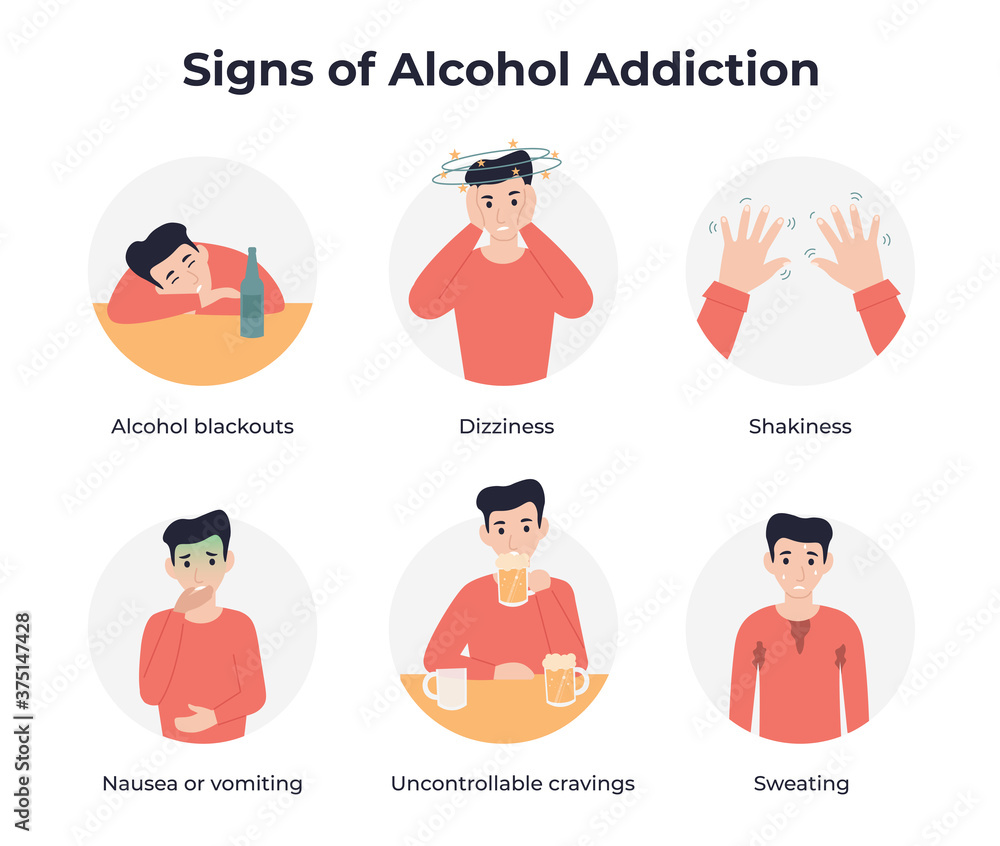 Set signs of alcohol addiction. Flat vector cartoon illustration. Stock