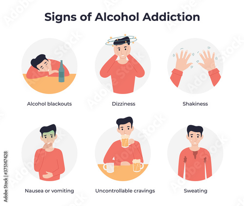 Set signs of alcohol addiction. Flat vector cartoon illustration.