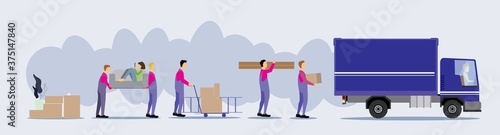 Loaders movers man carrying cardboard boxes. Concept for home moving
