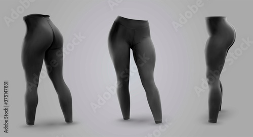 Women’s black leggings mockup in front and back view, isolated on a gray background. 3D realistic vector illustration