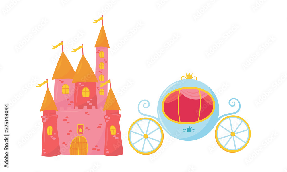 Castle with Towers and Flags and Royal Coach Vector Set