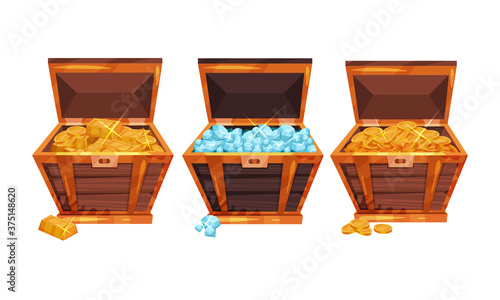 Pile of Golden Coins, Ingots and Gemstones Rested in Wooden Chest Vector Set