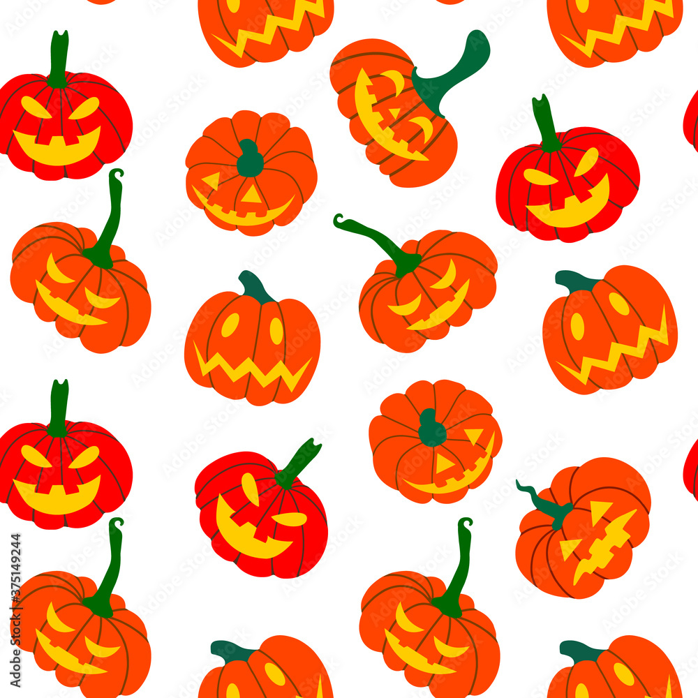 Seamless pattern of orange pumpkins on a white background. Vector illustration drawn by hands. Design of packaging, advertising, banners, textiles Seamless pattern of orange pumpkins on a white background. Vector illustration drawn by hands. Design of packaging, advertising, banners, textiles