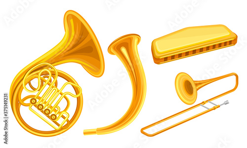 Brass Musical Instruments with Trombone and Horn Vector Set